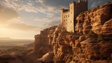 An Ancient Desert Fortress Perched Atop A Towering Sandstone Cliff