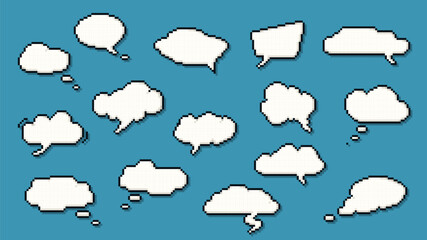 Fototapete - 8 bit pixel art dialogue box and speech bubbles, vector cartoon icons for text chat. Message clouds for 8bit pixel game or retro art, speech balloons and dialog speak or talk bubble banners for quotes