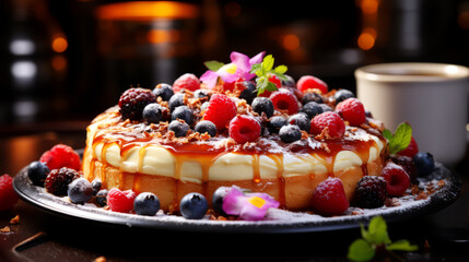 Wall Mural - Delicious cheesecake with berries on wooden table.
