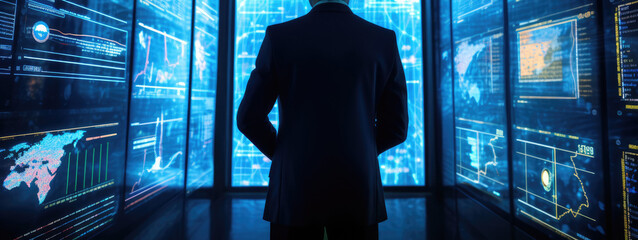 Close up of engineer, businessman, programmers observing data on futuristic computer hologram. Developing Advanced Software with multiple computer of code on futuristic modern interface