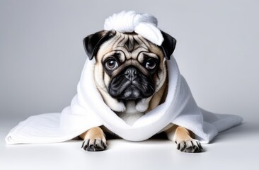 Wall Mural - Pug in white towel lying on light background after shower drying. Grooming, dog salon, pet grooming