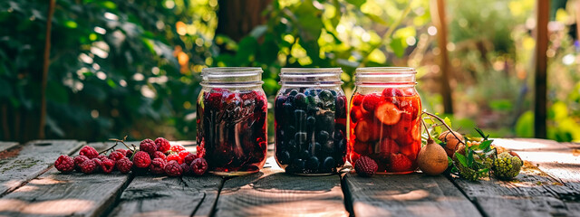 Wall Mural - Compotes with berries preserved in a jar. Selective focus.