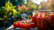Canned tomatoes in a jar. Selective focus.