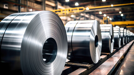 Wall Mural - Metallurgical production. Large rolls of shiny aluminum foil or steel. Industrial storage of metal coils. Selective focus