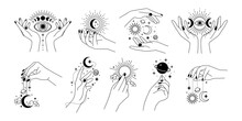 Magic Woman Hands. Sketch Mystic Female Hands With Planets, Star, Moon And Sun. Minimalist Style Astrology Tattoo Elements. Vector Set