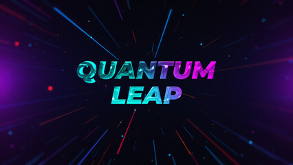 Wall Mural - Futuristic Blue Purple Digital Technology Glossy Metal Texture Quantum Leap Text With Blurry Focus Colorful Glitter Light Streaks Burst Background