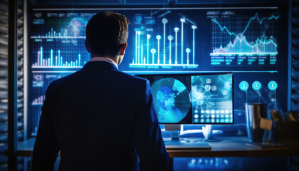 close up of engineer, businessman, programmers observing data on futuristic computer hologram. devel