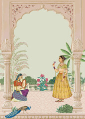 Wall Mural - Mughal queen seating in the garden with temple, arch, peacock, bird, plant vector illustration for wallpaper