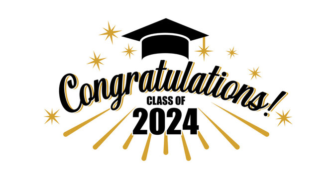 congratulations greeting card. graduation class of 2024 party poster with lettering, academic gradua