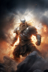 Wall Mural - Gray-haired old man, Scandinavian god Odin, is on ship. Viking mythology illustration