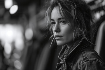 Portrait of beautiful young woman shopping new clothes in store. People shopping concept. Black and white photo. Serious woman at the shop. Second hand clothes shop