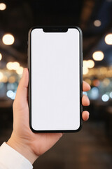 Mockup of a smartphone with white blank screen in a female hand .