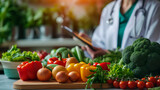 Fototapeta  - Nutritionist on a background of vegetables. Selective focus.