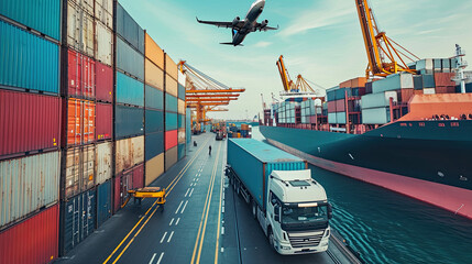 Global business logistic and transportation import export goods. Container cargo freight ship at international port. Cargo plane flying above truck shipping container. Logistic industry