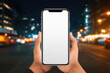 © Synthetica - Male hand holding smartphone with blank screen on city street at night .