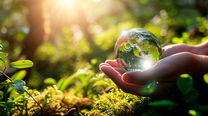 glass ball in hands on a background of nature. Selective focus.