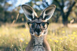 Cheerful Kangaroo Wearing Glasses Enjoying A Meadow, Captured In A Wide Angle Shot