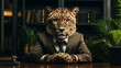 Leopard-headed businessman in office portraying adaptability and strategy. Tactical business approach concept. Generative AI