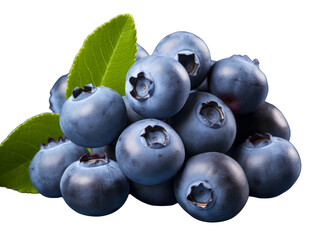 Canvas Print - Fresh and juicy blueberries with vibrant green leaves on a transparent background.