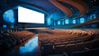© ImageFlow - Futuristic conference hall with blue lighting and large screen. Modern design concept. Generative AI