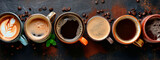 Different cups of coffee top view. Selective focus.