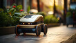 Tech delivery robot cruising through a modern pedestrian zone. Smart city concept. Generative AI