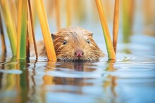 Muskrat Swimming With Reeds In Background