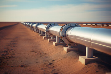 Gas pipeline shiny chrome pipe in the desert, oil mining