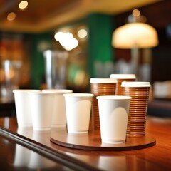 Poster - Coffee cups on a wooden table in a restaurant. Generative AI.