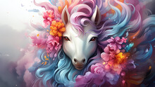 Magic Fairy Tale Character Unicorn With Flowers In Mane, 3d Illustration For Girls. Unicorn Print For Clothes, Stationery, Books, Goods. Unicorn 3D Character Banner On White Background.