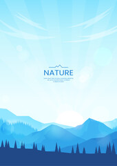 Wall Mural - mountains landscape. vector illustration. blue mountains and forest. clear sky and sunshine. design 
