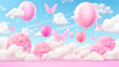clouds with pink balloons butterflies and bubbles