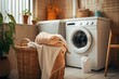 Laundry basket and washing machine in bathroom. Generative AI