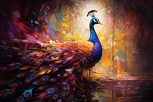  A Painting Of A Colorful Peacock With Feathers Spread Out Of It's Feathers, With A Bright Yellow Background.