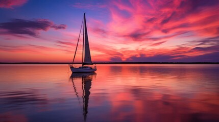 Wall Mural -  a sailboat floating on top of a body of water under a pink and blue sky with clouds in the background.