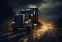  A Large Semi Truck Driving Down A Rain Soaked Road In The Middle Of The Night With Headlights On The Cab.