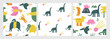 Cute dinosaur theme seamless patterns set. Funny hand drawn doodle repeatable pattern with volcano, dinos, trees, meteorite, diplodocus, stegosaurus, pterodactyl, plants. Jurassic period, era backgrou
