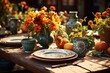  a wooden table topped with blue and white plates and vases filled with orange and yellow flowers and greenery.