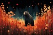  a painting of a bear sitting in the middle of a field of wildflowers with trees in the background.