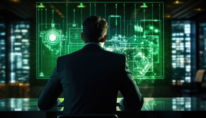 Close up of engineer, businessman, programmers observing data on futuristic computer hologram. Developing Advanced Software with multiple computer of code on futuristic modern interface