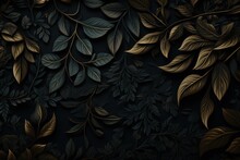 A Black And Gold Leafy Wallpaper With Lots Of Green Leaves On The Left Side Of The Wall And Gold Leaves On The Right Side Of The Wall.