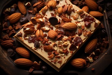 Wall Mural -  a close up of a plate of food with almonds and a chocolate bar with nuts on top of it.