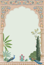 Traditional Ethnic Mughal Garden, Arch, Palace, Peacock And Pattern Illustration Frame For Invitation