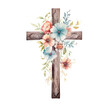 Cross with watercolor flowers on a white background. Religious floral illustration for Easter. Christian, Baptism, and First Communion Designs. Wooden cross art.