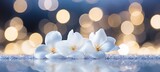White gardenia on right side with magical bokeh background and text space on left side