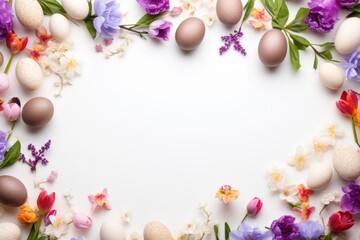 Wall Mural -  an overhead view of easter eggs and flowers on a white background with a place for the text in the center.