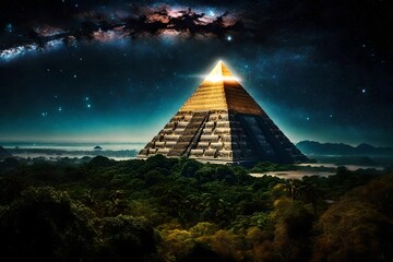 surreal mystical glowing pyramid rising in the tropical jungle under a nebulous sky