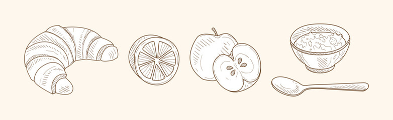 Poster - Hand Drawn Croissant, Orange, Apple and Porridge Bowl Vector Set