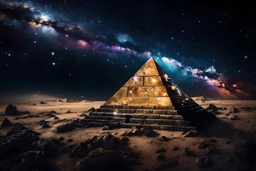 mystical ancient pyramid on outerspace planet , dark starry sky and nebula