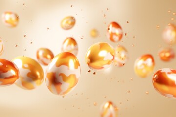 Wall Mural -  a group of orange and white balls floating on top of a light brown surface with drops of water on them.